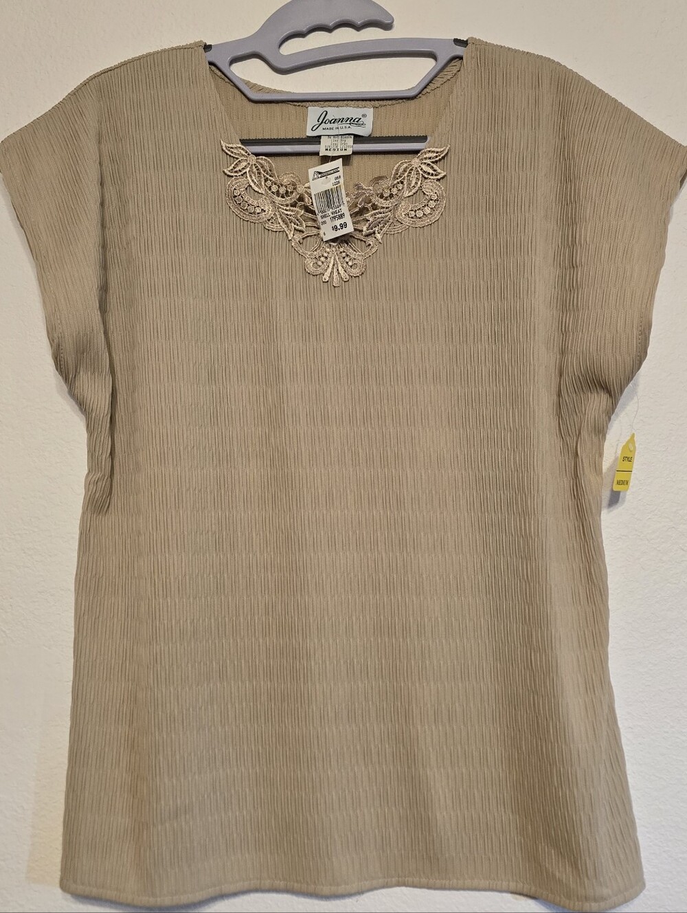 NWT Vintage Joanna Textured Blouse M Wheat Beige Lace Neckline Coquette Modest